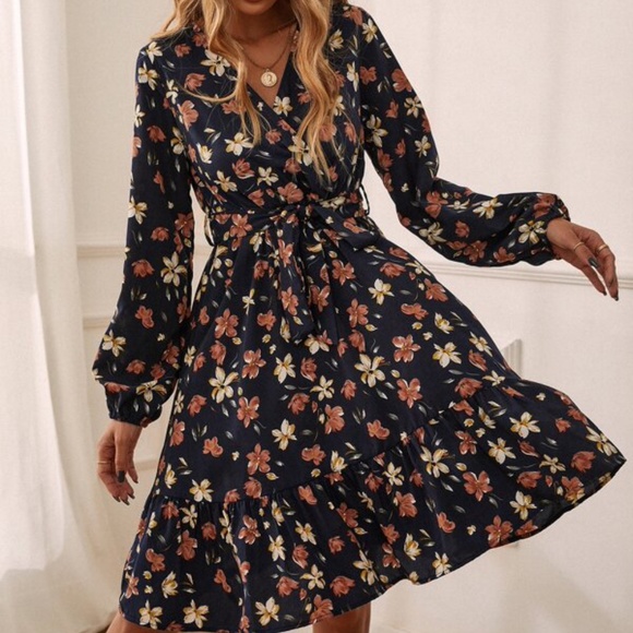 Boho Floral Print belted long sleeve Ruffle hem Mini Dress - Picture 2 of 6